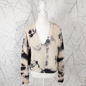 John + Jenn Beige Tie Dye Cotton Knit V-Neck Cropped Sweater